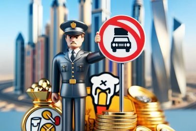 A traffic police officer holding a red 'no' sign over icons of alcohol and narcotics, with golden coins and a driver's license being cut in half, set against the backdrop of Dubai's skyscrapers.