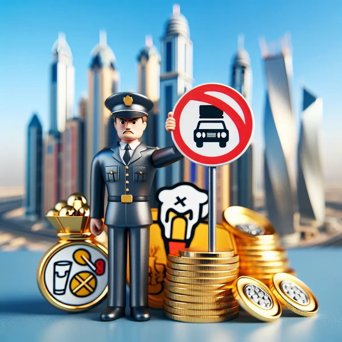 A traffic police officer holding a red 'no' sign over icons of alcohol and narcotics, with golden coins and a driver's license being cut in half, set against the backdrop of Dubai's skyscrapers.