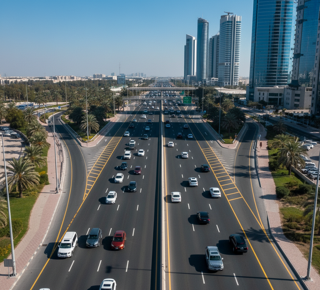 Overhead view of a modern Abu Dhabi highway with cars driving safely, showcasing clear road markings and well-maintained infrastructure under a clear sky.