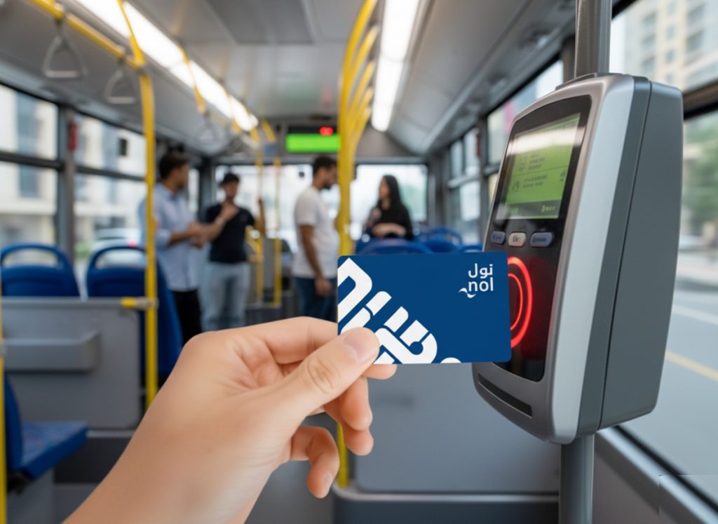 Passenger tapping a Nol card on a reader to tap in and tap out on Dubai public transport