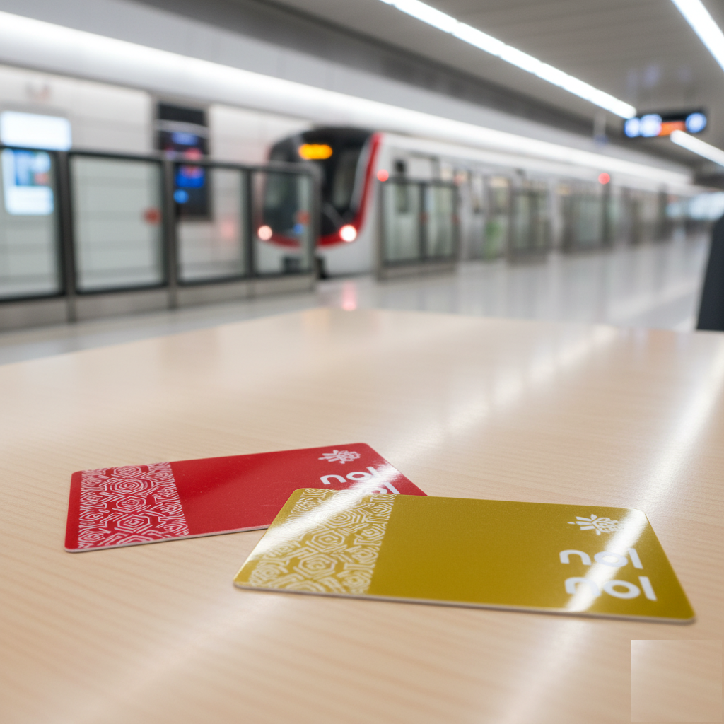 Different Nol card types in Dubai including Silver, Gold, Blue and Red Ticket on a table